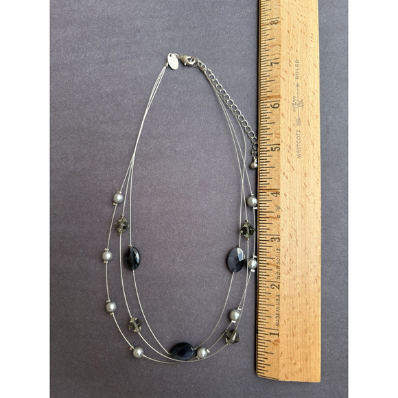 Lia Sophia Necklace Gray Faux Pearl Silver Tone Wire Beaded Floating w/ Box 15" - Picture 7 of 8